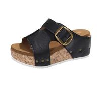 Momolaa New UK 5.5 Wide Fitting Wedge Sandals For Women Buckle Platform Sandals Slip On Slides Soft Cushion Ladies Open Toe Summer Chunky Shoes Mules Gift Footwear Black