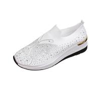 Momolaa New UK 6.5 Rhinestone Sneakers Wedges Trainers for Women Fashion Glitter Sparkly Mesh Breathable Slip On Walking Shoes Gold Trim Platform Trainers Gym Running Shoe Gift Footwear White