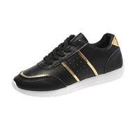Momolaa New UK 7.5 Women Retro Walking Shoe Fashion Gold Trim Lightweight Casual Trainers Metallic Shinny Sneakers Tennis Running Walking Shoes Gift Footwear Black