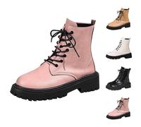 Momolaa Pink Ankle Boots for Women Patent Leather Platform Lug Sole Combat Booties Lace up Low Block Chunky Heel Side Zipper Fall Winter Black Military Boot Shoes Stylish Footwear Gift Size 5