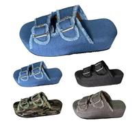 Momolaa Platform Sandals for Women Wedge Sandals Size UK 5.5 Denim Double Buckle Adjustable Strap Slip on Flatform Sandal Women Clogs Comfortable Trendy Ladies Footwear Blue