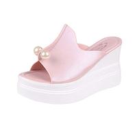 Momolaa Platform Wedge Sandals for Women Wide Width Wedges Sandals Pearls Wedge Platform Slip on Sandals Flip-Flop UK Size 4.5 Pink