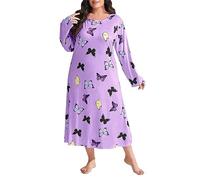 Momolaa Plus Size Nightdress for Women Butterfly Print Long Sleeve Mid Calf Soft Nightshirt Long Nightgown Nighties Sleep Dress 5XL Butterfly-Purple