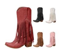 Momolaa Red Fringe Cowboy Boots for Women Mid Calf Chunky Mid Heels Fringe Vintage Tassel Snip Toe Pull on Dress Western Calf Booties UK 4.5