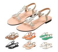 Momolaa Rhinestone Butterfly Flat Sandals for Women Size 4.5 Clear Elastic Ankle Strap Sparkly Strappy Gladiator Flat Sandals Summer Open Toe Bling Sandal Beige Footwear