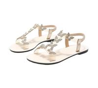 Momolaa Rhinestone Butterfly Flat Sandals for Women Size 4 Clear Elastic Ankle Strap Sparkly Strappy Gladiator Flat Sandals Summer Open Toe Bling Sandal White Footwear