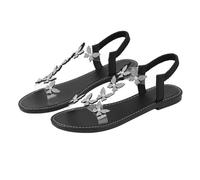 Momolaa Rhinestone Butterfly Flat Sandals for Women Size 6.5 Clear Elastic Ankle Strap Sparkly Strappy Gladiator Flat Sandals Summer Open Toe Bling Sandal Black Footwear