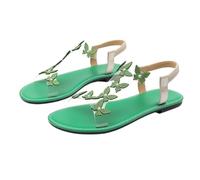 Momolaa Rhinestone Butterfly Flat Sandals for Women Size 6.5 Clear Elastic Ankle Strap Sparkly Strappy Gladiator Flat Sandals Summer Open Toe Bling Sandal Green Footwear