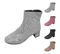 Momolaa Silver Women's Glitter Sequins Ankle Boots Mid Block Chunky Heels Sparkly Booties Ladies Zipper Party Prom Booties with Size Zip Footwear Size 7