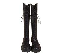 Momolaa Size 3.5 Girls Lace up Knee High Boots Faux Leather Back Zipper Round Toe School Combat Boots Tall Riding Boot Western Boot with Low Heel Lug Sole for Little and Big Kids Black