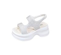 Momolaa Size 4.5 Chunky Flat Platform Sandals for WOMEN Sparkly Rhinestone Glitter Cushioned Walking Flatform Sandal with Sling Back Lightweight Summer Dad Shoes White Footwear Clearance