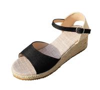 Momolaa Size 4.5 Hessian Wedge Sandals for Women Espadrilles Platform Open Toe Ankle Strap Wedges Summer Shoes Jute-Rope Sandle Black Sandle Footwear Gift