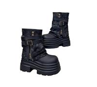 Momolaa Size 4.5 Women's High Platform Fold Over Buckle Ankle Boots Height Increasing Goth Punk Combat Boots Y2k Black Footwear