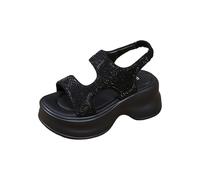 Momolaa Size 4 Chunky Flat Platform Sandals for WOMEN Sparkly Rhinestone Glitter Cushioned Walking Flatform Sandal with Sling Back Lightweight Summer Dad Shoes Black Footwear Clearance