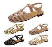 Momolaa Size 4 Women's Closed Toe Flat Sandals Caged T Strap Comfortable Adjustable Buckle Hollow Out Roman Fisherman Gladiator Sandal Vintage Casual Beach Sandals Ladies Footwear UK 3.5-8 002_Khaki