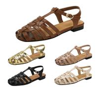 Momolaa Size 4 Women's Closed Toe Flat Sandals Caged T Strap Comfortable Adjustable Buckle Hollow Out Roman Fisherman Gladiator Sandal Vintage Casual Beach Sandals Ladies Footwear UK 3.5-8 002_Brown