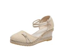 Momolaa Size 5.5 Platform Closed Toe Wedge Heel Sandals for Women,Ladies Retro Chinese Beijing Style Hessian Pumps Jute-Rope Sandals with Toes Covered Footwear 002_Beige