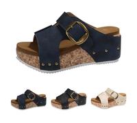Momolaa Size 6.5 Cork Wedge Platform Sandals for Ladies Womens Comfy Wedge Orthopedic Sandals Slide Double Buckle Faux Wood Open Toe Slip on High Heel Mules Sandles Footwear 002_Navy