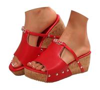 Momolaa Size 6 WOMEN'S Faux Wooded Platform Wedge Sandals Cork Mules Slider Slip on Cushioned Open Toes Light Platform Faux Leather Wedge Summer Comfy Shoes Red Footwear Clearance