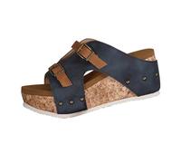 Momolaa Size 7.5 Cork Wedge Platform Sandals for Ladies Womens Comfy Wedge Orthopedic Sandals Slide Double Buckle Faux Wood Open Toe Slip on High Heel Mules Sandles Footwear 001_Navy