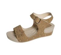 Momolaa Size 7.5 WOMEN'S Buckle Walking Sandals Low Wedge with Arch Support Stud Adjustable Ankle Strap Soft Cushioned Khaki Footwear Clearance