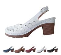 Momolaa Size 7 Closed Toe Sandals with Block Heels for WOMEN Round Toe Slingback Chunky Mid High Heels Sandals Ankle Buckle Dress Summer Pumps Flower Hollow out Eyelet White Footwear Clearance