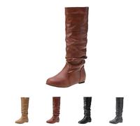 Momolaa Slouchy Flat Knee High Boots for Women Low Heel,Faux Leather Pull on Under Knee Length Soft Slouch Boots Tall Fall Booties Ladies Classic Footwear Gift UK