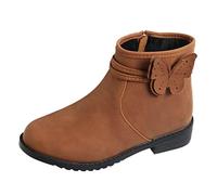 Momolaa UK 10 Girls Ankle Boots Kids Bow Side Zipper Ankle Booties Low Chunky Heels Tan Boots Cute Faux Leather Riding Boot Little Kid/Big Kid #3_Brown