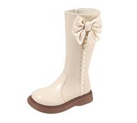 Momolaa UK 11.5 Girls Knee High Boots with Side Zipper Cute Bow Pearls Decor Faux Leather Riding Shoes Mid Calf Shoes for Little Kid/Big Kid Beige-with Fur Lined