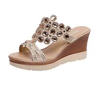 Momolaa UK 3.5 Women Diamond Rhinestone Wedge Heel Slide Sandals Slip On Sparkly Platform Sandals Summer Beach Crystal Mules Sandle Beige