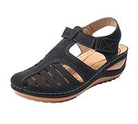 Momolaa UK 3.5 Womens Closed Toe Sandals, Summer Cutout Comfortable Retro Wide Fit Orthopedic Sandals Wedge Orthotic Arch Support Beach Walking Sandal Trendy Ladies Footwear Black