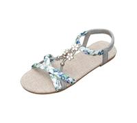 Momolaa UK 3.5 Womens Flat Sandals Wide Width Boho Bohemian Braided Flat Sandals Comfort Walking Ankle Elastic Summer Shoes for Vacation Beach Travel Casual Dressy Sandles B2_Blue