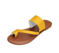 Momolaa UK 4.5 Clearance Tan Women Ladies Toe Loop Post Slip on Backless Mule Sandals Slide PU Leather Strappy Toepost Sandal Deals D1-Yellow