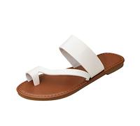 Momolaa UK 4.5 Clearance Tan Women Ladies Toe Loop Post Slip on Backless Mule Sandals Slide PU Leather Strappy Toepost Sandal Deals D1-White