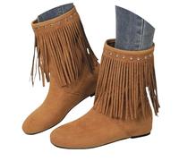 Momolaa UK 4.5 Fringe Tassel Flat Ankle Cowboy Boots for Women Short Cowgirl Booties Western Fringed Ankle Boots Rivet Suede Flats Pull on Dress Booties Fall Winter Shoes Brown Footwear