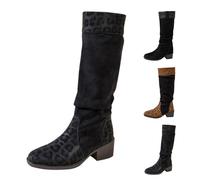 Momolaa UK 4.5 Slouchy Mid Knee High Boots for Women Uk Faux Suede Leather 5 Cm Chunky Block Low Heel Slouch Pull on Long Boots Fashion Winter Shoes Tall Black Leopard Footwear Clearance