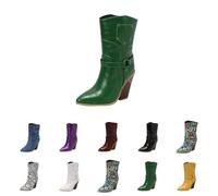 Momolaa UK 4.5 Women Fashion Wedge Cowboy Boots Pointed Toe Snakeskin Print Western Ankle Boots Cowgirl Boot Causal Party Green Footwear