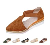 Momolaa UK 4.5 Womens Fashionable Espadrille Wedge Sandals T-Strap Buckle Ankle Strap Adjustable Low-Top Sneakers Closed Toe Stylish Platform Summer Shoes Footwear Gift A0_Tan