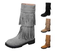 Momolaa UK 4.5 Womens Faux Suede 2 Layer Tassel Fringe Flat Mid Calf Boots Ankle Boots Round Toe Side Zipper Wide Calf Black Tan Boot Grey Footwear Clearance