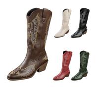 Momolaa UK 4.5 Women's Mid Calf Embroidered Boots Pointed Toe 6 Cm Chunky Block Mid Heels Knee High Western Cowboy Boots Brown Footwear Clearance