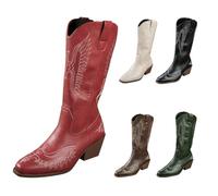 Momolaa UK 4.5 Women's Mid Calf Embroidered Boots Pointed Toe 6 Cm Chunky Block Mid Heels Knee High Western Cowboy Boots Red Footwear Clearance