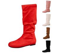 Momolaa UK 4.5 Women's Slouchy Mid Calf Boots Side Zip up Flat Boots Suede Fall Winter Spring Low Heel Slip on Casual Boot Red Footwear Clearance