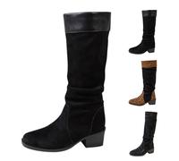 Momolaa UK 4 Slouchy Mid Knee High Boots for Women Uk Faux Suede Leather 5 Cm Chunky Block Low Heel Slouch Pull on Long Boots Fashion Winter Shoes Tall Black Footwear Clearance