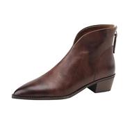 Momolaa UK 4 Women's Leather V-Cut Pointed Toe Chunky Stacked Heel Ankle Boots Fashion Back Zip Western Ankle Boots Dress Booties Footwear Coffee