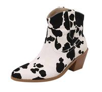 Momolaa UK 4 Womens Western Booties with Cow Print Slip on Mid Stacked Heel Cowboy Cowgirl Boots Country Concert Disco Walking Boots for Ladies Black Footwear Clearance