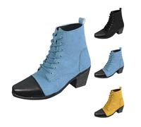Momolaa UK 5.5 Denim Boot Lace up Short Chunky Stack Low Block Heels Ankle Boots for Women Ladies Two Tone Casual Fashion Ankle Boots Blue Footwear Clearance