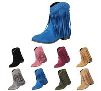Momolaa UK 5.5 Fringe Ankle Cowboy Boots for Women Short Cowgirl Booties Western Fringed Tassel Ankle Boots Suede Chunky Block Heel Pull on Dress Booties Chunky Heel Fall Winter Shoes Blue Footwear
