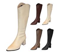 Momolaa UK 5.5 Ladies Knee High Boots PU Pointed Toe Mid High Block Chunky Heeled Knee Long Boots for Women Tall Boot Back Zipper Gogo Dress Boot Beige Footwear Clearance