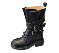 Momolaa UK 5.5 Mid Calf Boots for Women Wide Calf Leather Chunky Block Heel Lace up Pull on Buckle Boot Square Toe Low Heel Trendy Stylish Riding Boots Black Footwear Clearance