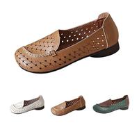Momolaa UK 5.5 Women Vintage Slip on Loafers Walking Shoes Hollow Out Retro Soft Comfortable PU Leather Wide Fit Round Toe Low Heels Slip on Flats Casual Dress Oxfords for Ladies Khaki Footwear